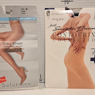 2 Pair Hanes Shaping Smoothing Tights/Pantyhose Size M Black/Nude