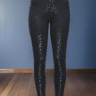 Women's High Waisted Black Shiny Leopard Textures Legging Stretch Size XL