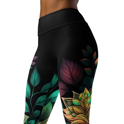 Black Floral Leggings - Women High Waist Activewear Athleisure Workout Yoga Pant