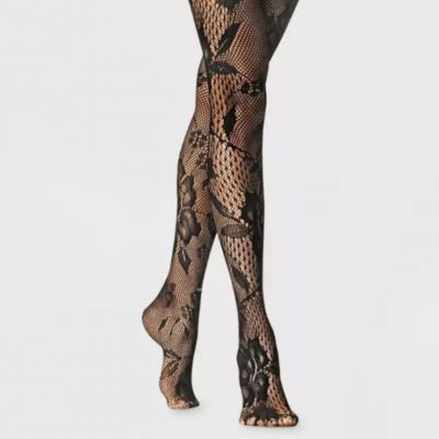 A New Day Women's Black Floral Net Tights Closed Toe Hose Sz: S/M 100-150 lbs.