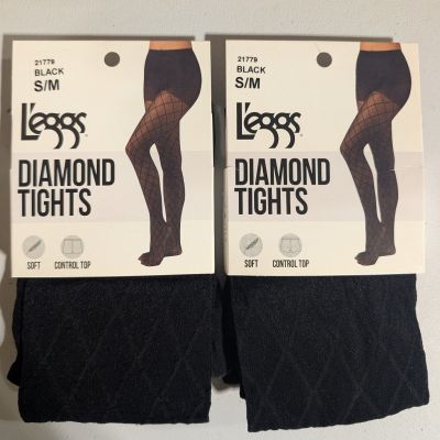 (2) L'eggs Diamond Tights with Control Top #21779, Size S/M, Black