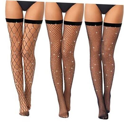 3 Pairs Rhinestone Fishnets Women Thigh High Stockings Sexy Medium Black