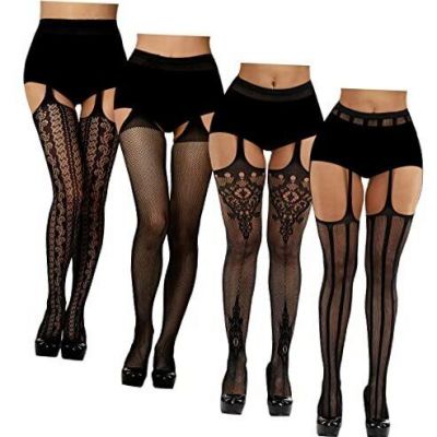 Fishnet Stockings Tights Suspender Sexy Pantyhose Lace One Size Pitch-black