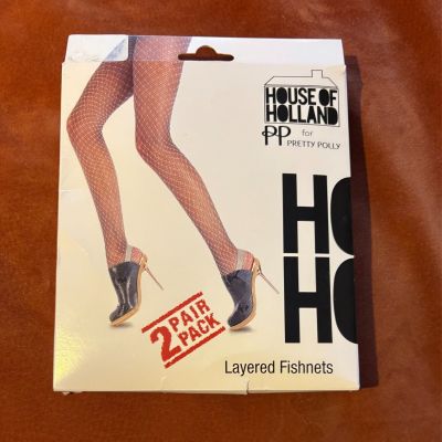 HOUSE OF HOLLAND for Pretty Polly 2 Pair Pack Pantyhose LAYERED Fishnet HOSIERY