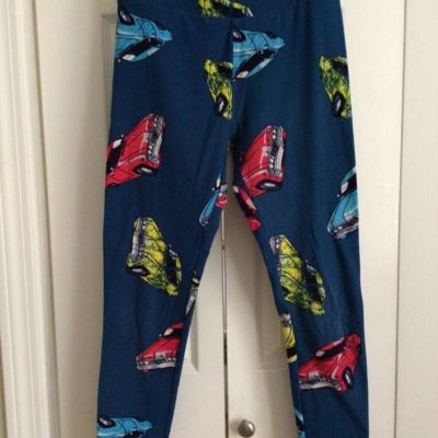 Lularoe leggings OS blue background, with red, yellow, light blue cars