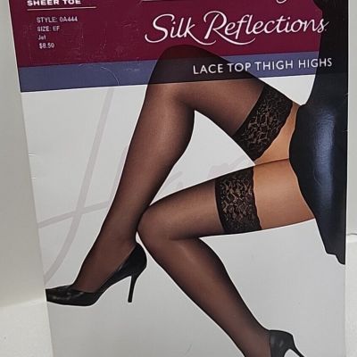 NWT Hanes Silk Reflections Sheer Lace Top Thigh Highs Jet Black Style 0A444 SzEF