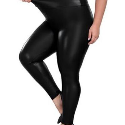 Women's Plus Size Faux Leather Leggings High Waisted 1X Fleece Lined-black