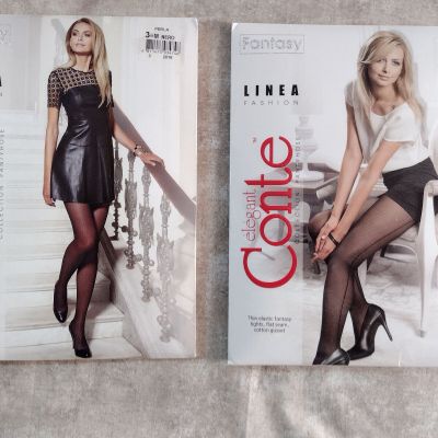 Elegant Conte Fantasy Pantyhose - Dot & Fishnet - Nero - Size: 3 -2 Pairs -Sexy!