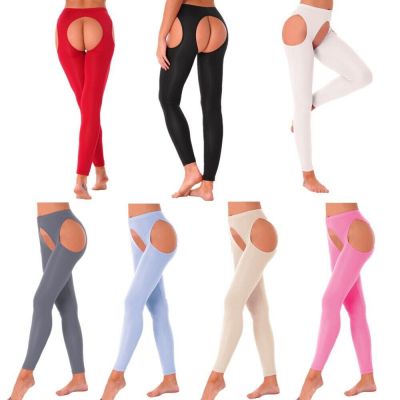 Shiny Glossy Stretchy Crotchless Pants Gym Yoga Trousers Pantyhose Nightwear