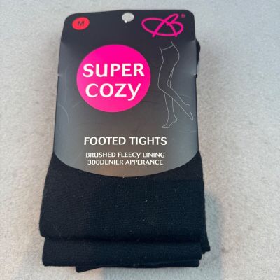 B Super Cozy Footed Tights Brushed Fleecy Lining Womens Medium 300 Denier Black