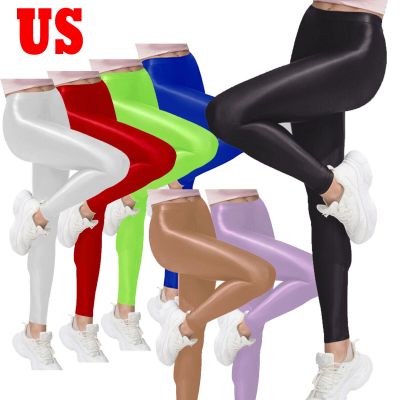 US Women's Metallic Shiny High Waist Yoga Pants Tummy Control Stretch Leggings