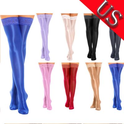 US Womens Glossy Silk Socks Sexy Solid Ultra Thigh High Stockings Shiny Hosiery