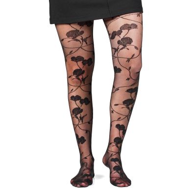 Fil de Jour France Floral Fashion Tights 20D, Black Poppy, M/L, Made in Italy