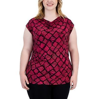 Anne Klein Plus Size Printed Cap-Sleeve Cowlneck Blouse - Amaranth Multi 3X