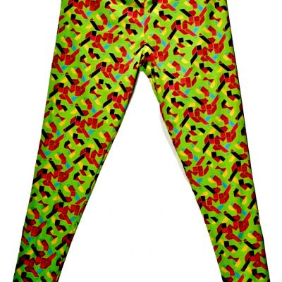 LULAROE Leggings Tall and Curvy Bright Green Multi Geometric Fits Sz 12-18