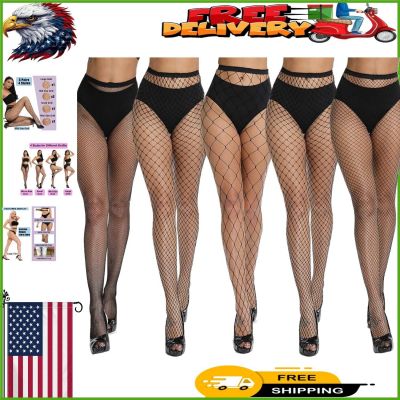 Versatile Black Rhinestone Fishnet Stockings - Five High Waist Pairs for Women