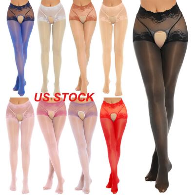 Women's Glossy Pantyhose Tights Semi See-through Crotchless Stockings Lingerie