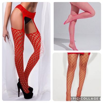 Set Of 3 : Red And Pink Fishnet And Garter Stockings - NEW