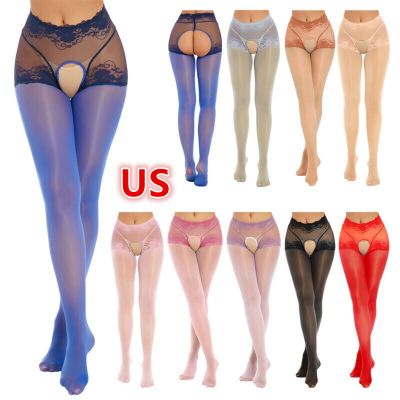 Womens Oil Glossy Crotchless Pantyhose See-Through Lace Patchwork Sheer Stocking