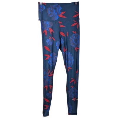 Navy Blue Floral Leggings Size XS Red High Rise Womens Workout Pants with Pocket