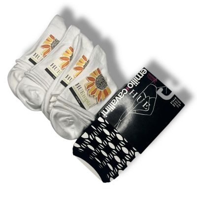 Huetopia Roll Top Shortie Socks 4 Pair White With Black Emilio Geo Net Tight M/L