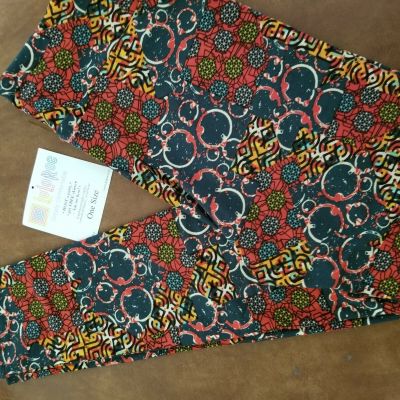 LuLaRoe Leggings OS, Abstract Red/Yellow with Dark Green background, NWT