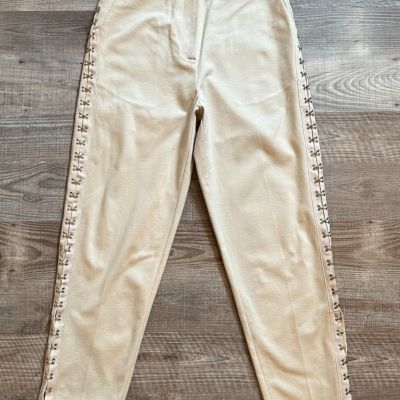 $195 MeimeiJ Women's Cream Tappered  Stretch Size Hooks Slit Pants Size 40