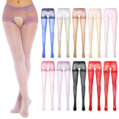 Women See Through Crotchless Pantyhose Glossy Mid Waist Tights Hosiery Stockings