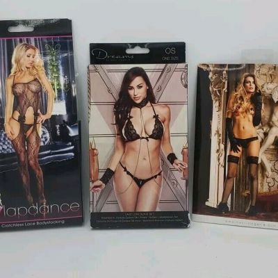 Lapdance Crotchless Lace Bodystocking One Size Black, Lace Love And Thong Both B