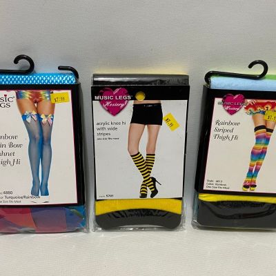 Lot (3) Music Legs Hosiery Thigh & Knee Hi Fishnets Socks Leggings Rainbow Bee