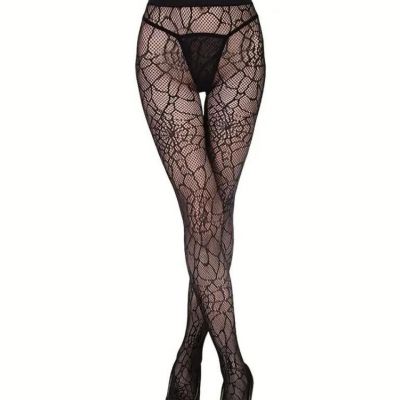 Spider Jacquard Tights, Gothic Punk Style High Waist Hollow Fishnet