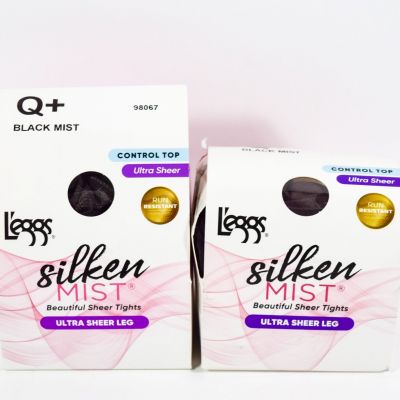 2 L'eggs Silken Mist Control Top Ultra Sheer Run Resistant BLACK MIST Tight Q+