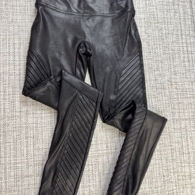 SPANX Leggings Small Black Faux Leather Moto High Waist Pull On Tummy Control