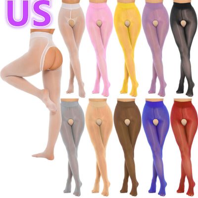 US Women See Through Crotchless Pantyhose Glossy Mid Waist Stretchy Tights Pants