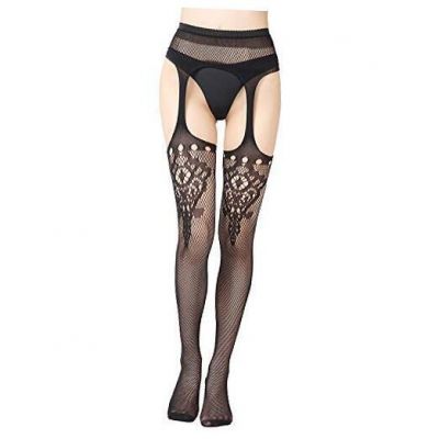 High Waist Fishnet Tights, Thigh High Large-X-Large Black Suspender 6050