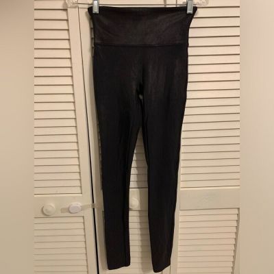 SPANX Women’s Leggings Small Black Faux Leather Tummy Control Oil Shiny