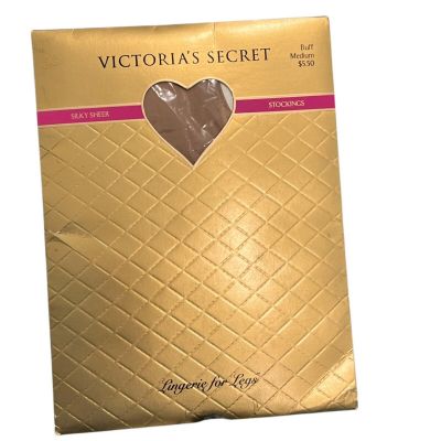 Victorias Secret Silky Sheer Stockings Buff Medium Elegantly Trimmed In Lace Ban