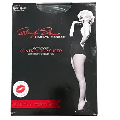 Marilyn Monroe Silky Smooth 20 Denier Control Top Sheer Pantyhose 3 Pack Black R