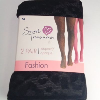 Secret Treasures Women's Wine Red Opaque & Black Leopard 2 Pack Tights Size M