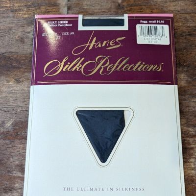 Vintage HANES SILK REFLECTIONS Silky Sheer Pantyhose Sz AB JET BLACK Tights 715