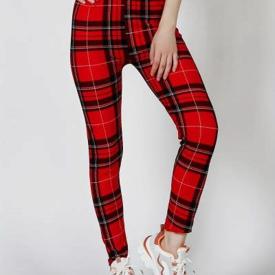 Fashion Plaid Print Leggings Casual High Waist Elastic Bottoms Slim Clothing Red