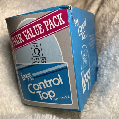 3 Pair Box Of Leggs Control Top Pantyhose Plus Size Q Sheer Toe Suntan 1994-1996