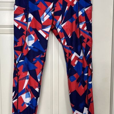 ODODOS Women's Large High Waisted Yoga Workout Leggings Red White & Blue Pockets