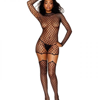 GEOMETRIC FENCE NET TURTLENECK GARTER DRESS WITH STOCKINGS BODYSTOCKING