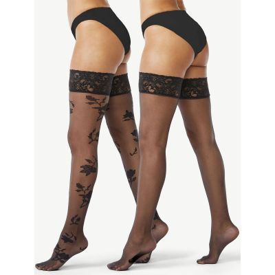 Joyspun Women's Floral and Sheer Thigh Highs, 2-Pack, Size Plus Color Black