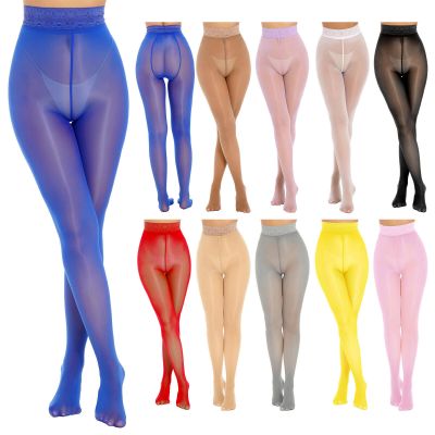 Women Glossy Hollow Out Footed Tights Shiny Pantyhose Sheer High Waist Stockings