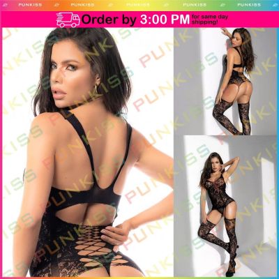 Lingerie Floral Fishnet Bodice w/Attached Garters & Thigh High Stockings Women's