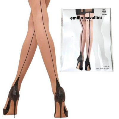 NWT  Emilio Cavallini Black Back Seam Heel Nude Tights Sz.M-L 40 DEN