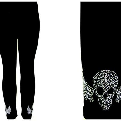 Plus Size Yoga Style Leggings Crystal & Silver Rhinestone Biker Skull Wings