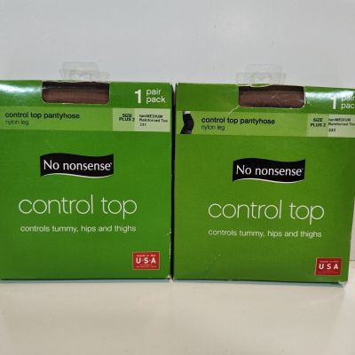 No Nonsense Control Top Pantyhose Tan Size Plus2 #333 Reinforced Toe Lot Of 2